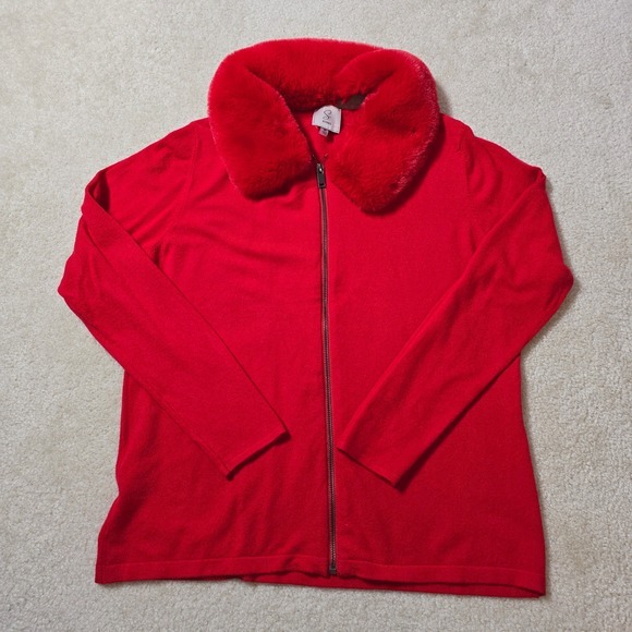 Sioni Womens Red Faux Fur Collar Zip Up Cardigan Sweater Size M - Picture 3 of 5